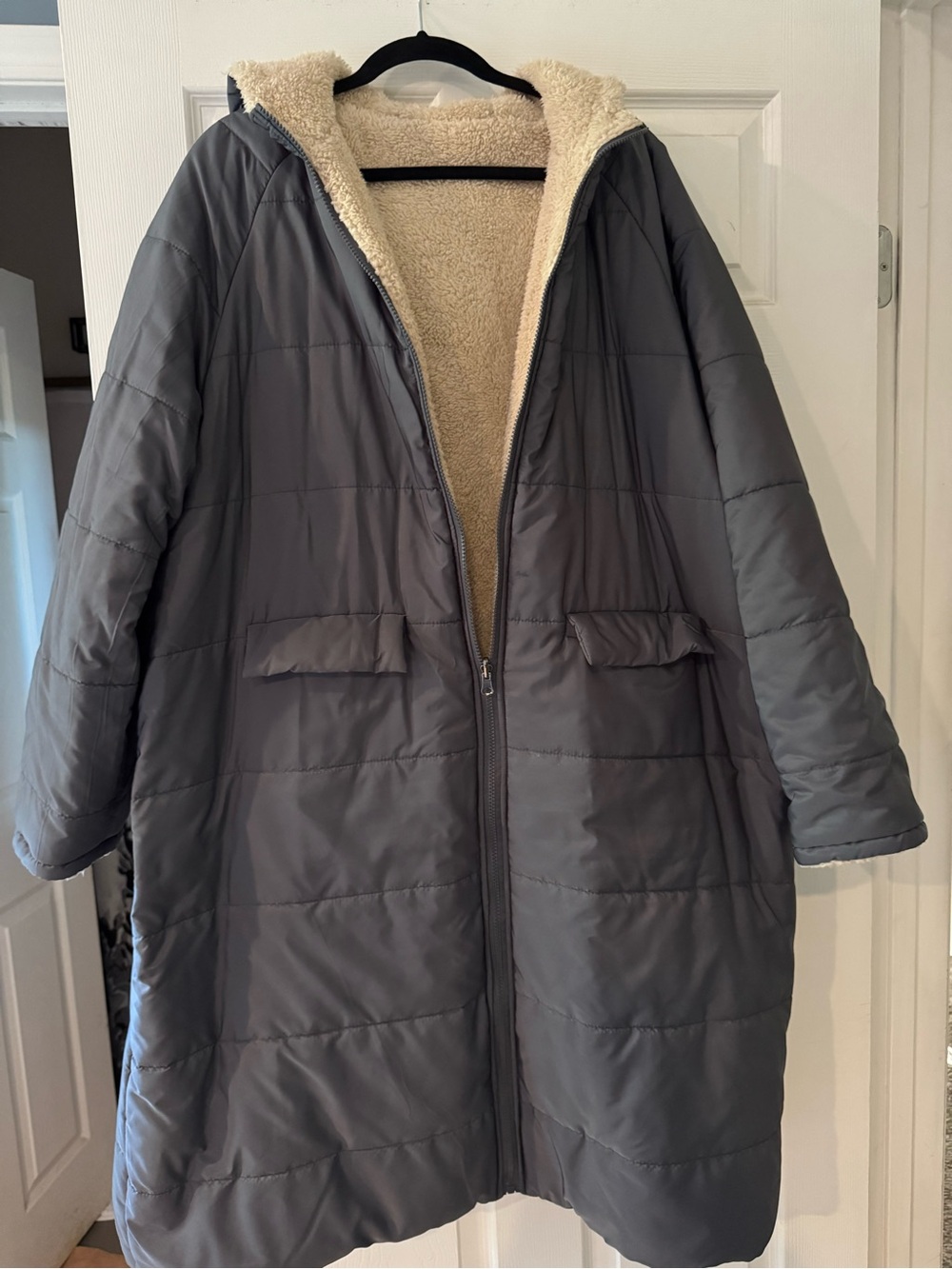 Oversized Gray Puffer Coat with Sherpa Lining